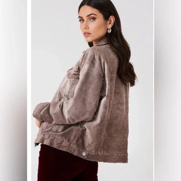 Free People Mauve Velvet Trucker Bomber Jacket Dusty Rose Oversized womens SZ XS - Picture 2 of 16